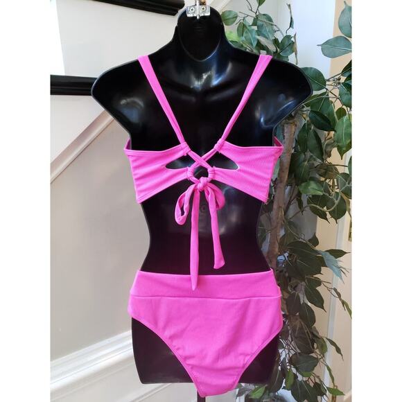 Womens 2 Piece Swimsuit Large Pink Ribbed Triangle Racerback Spaghetti Strap - Picture 5 of 6